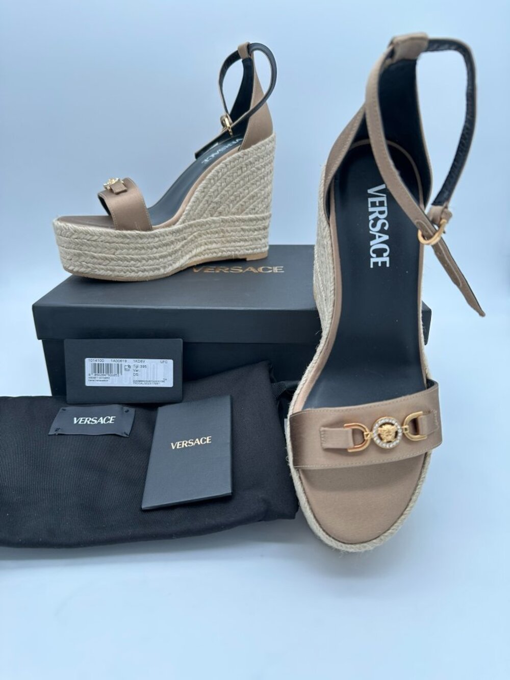 Versace Medusa Espadrilles Satin‎ Wedge Platform Sandals, Size 9.5, Gold Satin